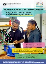 Two individuals in a workshop setting work together using a blue vise on a workbench. Their faces are blurred for privacy. Overlaid text reads: “Inspire Western Australia’s future workforce” and “Encourage career curiosity and highlight current and future job and career pathways in your industry.”